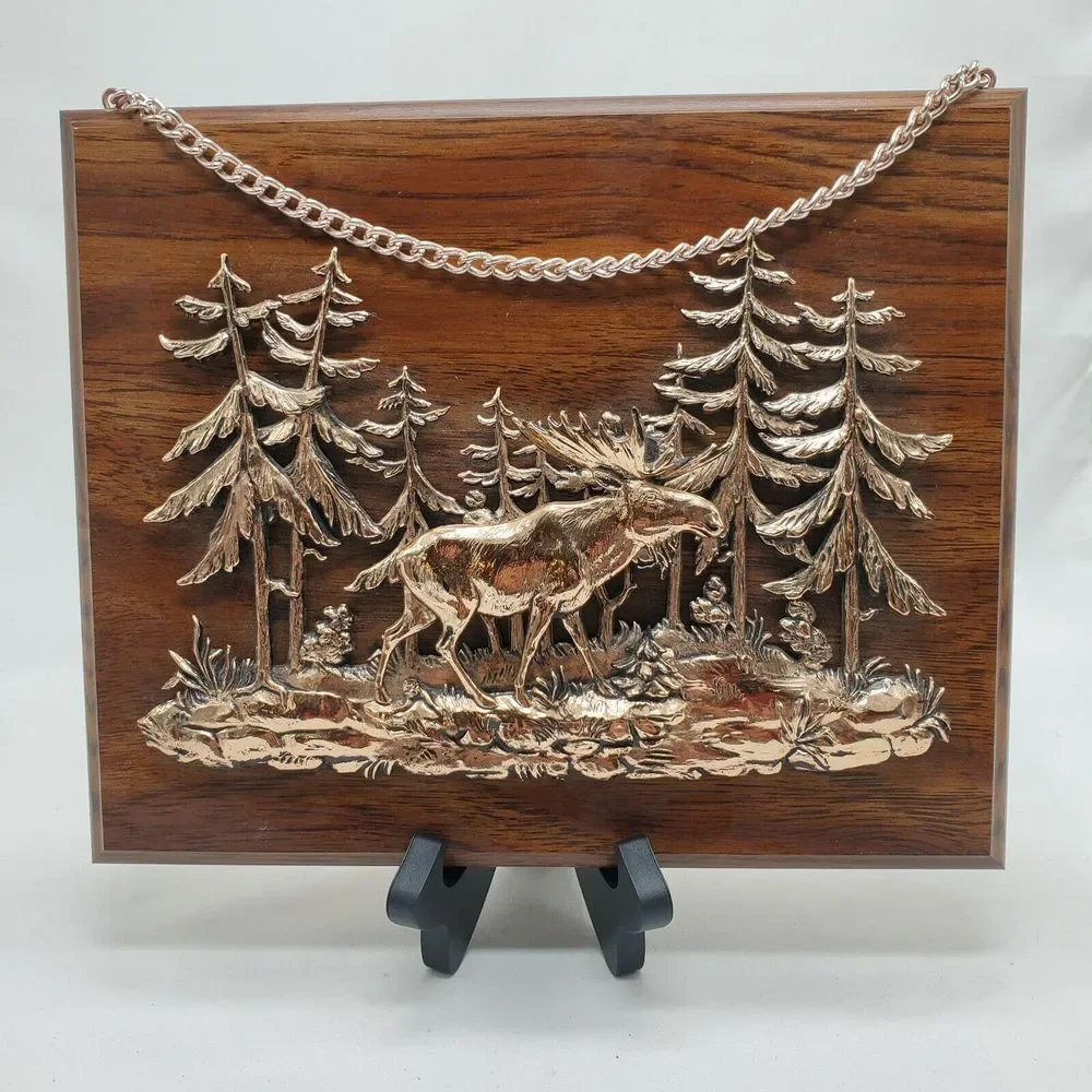 Vintage A&J Copper‎ & Wood 3D Moose Wall Hanging Plaque Made in Canada Cabin